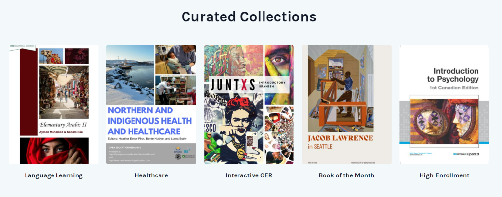 Curated collections in Pressbooks: Language Learning, Healthcare, Interactive OER, Book of the Month, High Enrollment